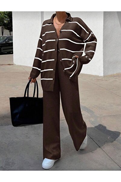 AlanTeks Women's Set Striped Cardigan and Pants Set