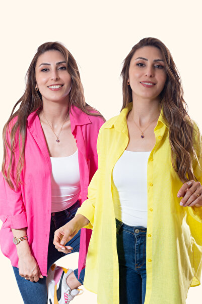 Justime Women's Oversized Cotton Linen Fuchsia - Yellow Shirt