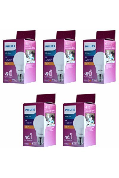 Philips 5’li 8W LED Ampul • E27 • 2700K Sarı Işık • Tasarruflu Aydınlatma Seti