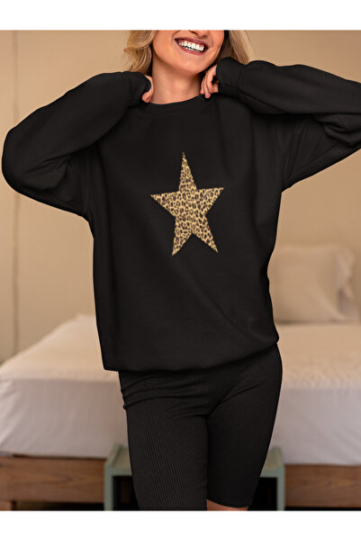 MG سويت شيرت قطني بأكمام طويلة مطبوع عليه نجمة الفهد مبطن بالصوف ADIN SWEATSHIRT