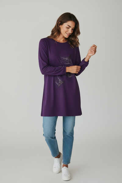 ECE GİYİM Women's Front Stone-Embellished, Six-Stripe, Crystal, Two-Ply, Seasonal Combed Cotton Tunic