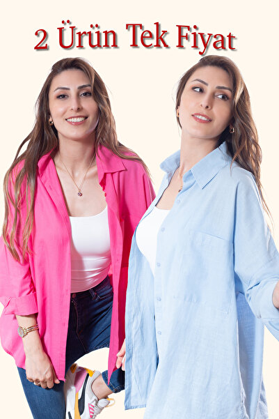 Justime Women's Oversized Cotton Linen Fuchsia - Light Blue Shirt