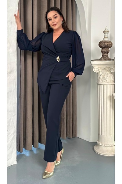 Butik Nilyam Women's Plus Size Double-Breasted Collar Waist Brooch Detailed Balloon Sleeve Blouse Pants Bottom - Top Set 25105