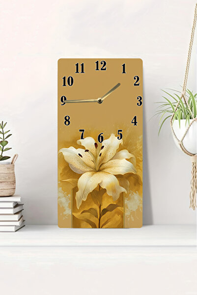 kutuTR ساعة طاولة MDF مطبوعة بالأشعة فوق البنفسجية ثنائية الأبعاد مع مظهر ثلاثي الأبعاد - أرضية ذهبية زهرة الزنبق الأبيض - 20x40 سم-DTS201