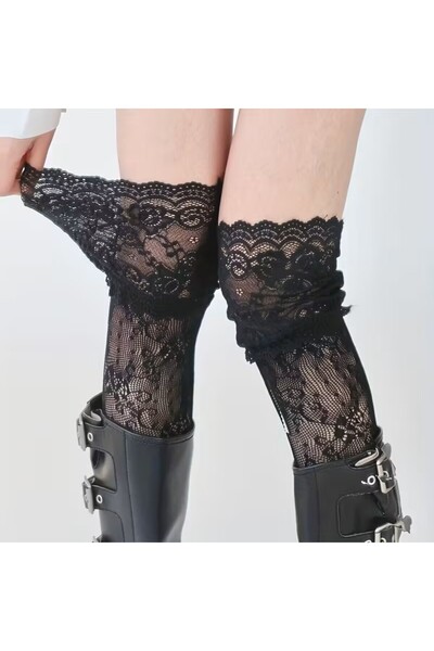 YIWU Siyah Dantel Detaylı Diz Üstü Çorap - Naylon ve Spandeks Karışımı, Çiçek Desenli Büzgülü Tasarım