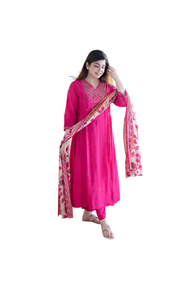 MYSMAR طقم سالوار كاميز ودوباتا من الحرير الوردي - ALV2036 | وردي