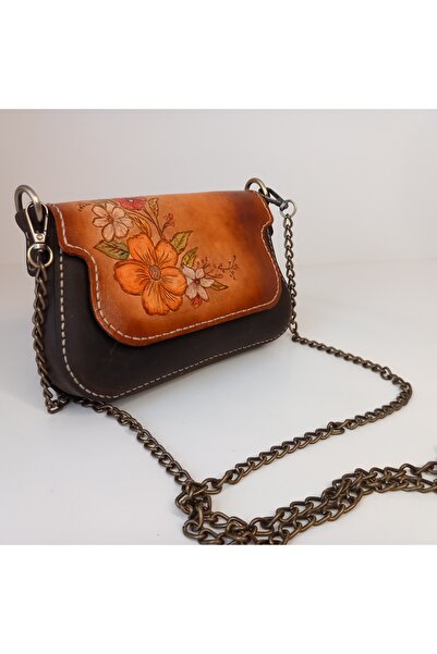 SOFT A Leather El Yapımı Hakiki Deri Çiçek Desenli Kadın Omuz Çanta