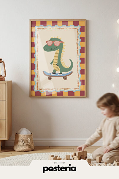 Posteria Tekli Doğal Ahşap Çerçeveli Çocuk Odası Tablosu, Kaykaylı Dinozorus ...