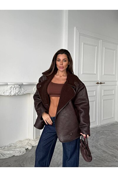 D'RECCY Jachetă oversize maro închis pentru femei, cu căptușeală din pluș