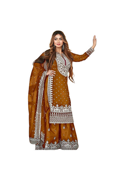 MYSMAR طقم سالوار كاميز ودوباتا من قماش جورجيت صناعي ثقيل أصفر اللون - HRT1954 | أصفر