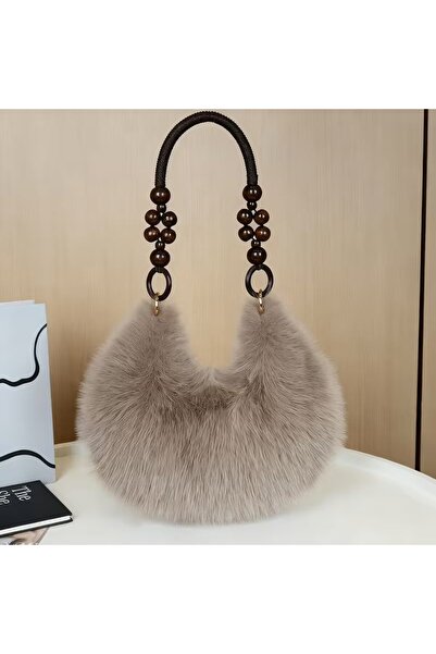 NeednStore Kadın Vizon Tüylü Hobo Çanta - Ahşap Boncuk Detaylı Yumuşak Kürk Kahverengi El Kol Omuz Çantası