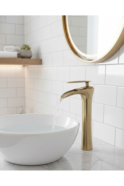 EMFA AKSESUAR Mat Gold Çanak Lavabo Bataryası - Şelale Akış Antik Lavabo Bata...