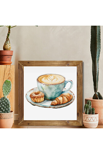 Tuba Decor Ahşap Çerçeveli Kare Tablo kahve ve kruvasan