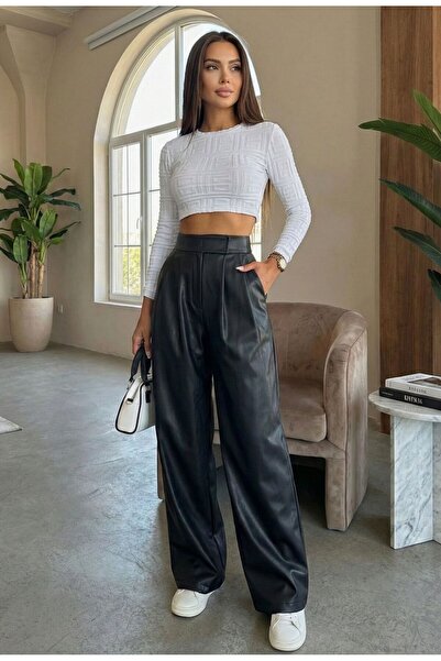 LEY COLLECTİON Kadın Deri Pantolon Çırtlı Yüksek Bel Siyah Deri Cepli Palazzo...