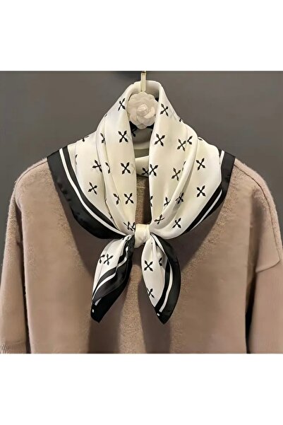 Accessories Hei Black and White Patterned Stylish Silk-Look Women's Accessory Scarf Foulard