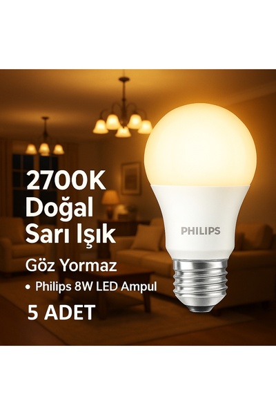 Philips 5’li 8W LED Ampul • E27 • 2700K Sarı Işık • Tasarruflu Aydınlatma Seti