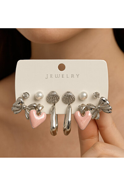 MRK Kadın 12'li Kombin Halka Küpe İnci 6 Çift Set Çoklu Küpe