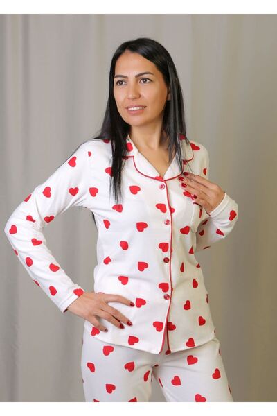emsal özgür tekstil Red Heart on White Cotton, Piped Shirt Collar Pajama Set ...
