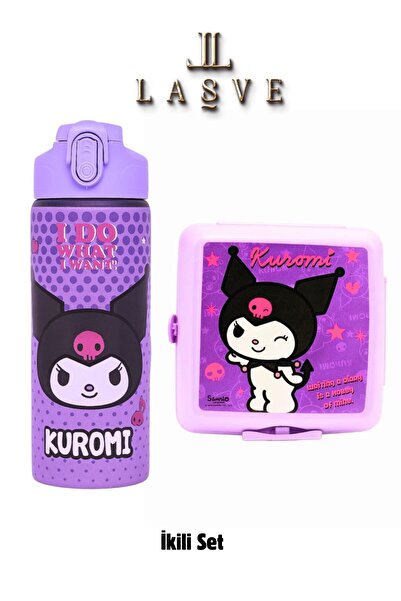 kuromi YENİ SEZON 2 Lİ SET 600 ÇELİK MATARA PİPETLİ + 4 BÖLMELİ BESLENME KABI