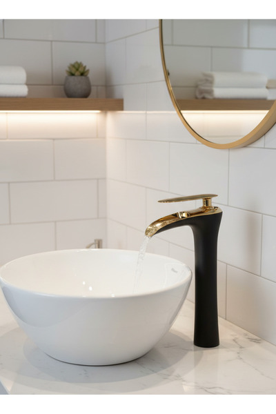 EMFA AKSESUAR صنبور حوض غسيل ذهبي أسود - صنبور حوض غسيل ذهبي أسود بتدفق شلال