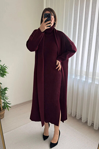 Kubos Moda High-Necked Burgundy Cardigan Dress Knitwear Set