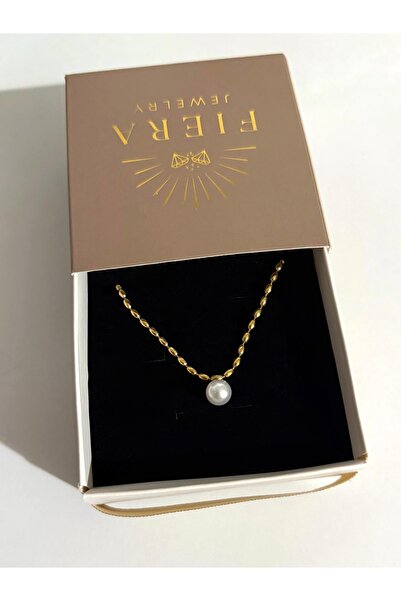 FIERA JEWELRY Minimalist Beyaz Boncuk Detay Vintage Gold Çelik Kolye