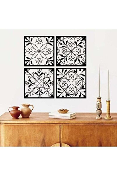 Mirfa Wooden Wall Art With Self Adhesive Base - Black (Medallion Panels - Pack of 4)