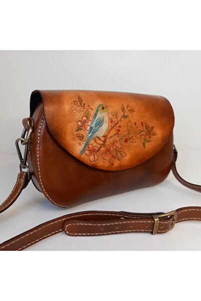 SOFT A Leather El Yapımı Hakiki Deri Kuş Desenli Kadın Omuz Çanta