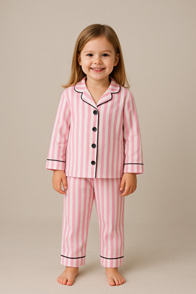 MixMax Bebe Kız Çocuk Pembe Çizgili Düğmeli Uzun Kollu Alt Üst Pijama Takımı ...
