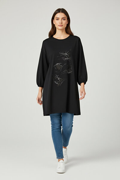 ECE GİYİM Women's Front Stone-Embellished, Six-Stripe, Crystal, Two-Ply, Seasonal Combed Cotton Tunic