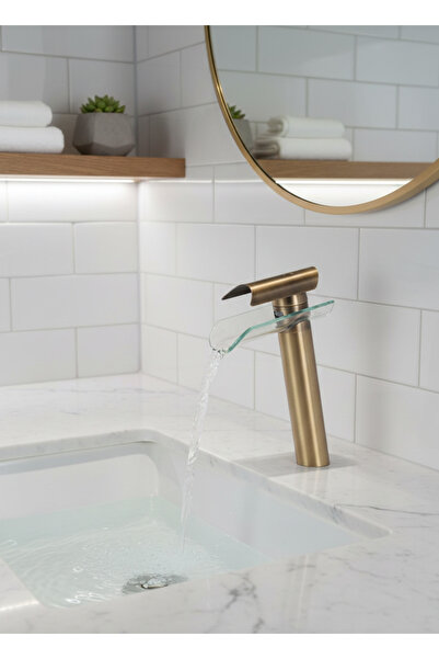 EMFA AKSESUAR Mat Gold Lavabo Bataryası - Cam Oluklu Antik Lavabo Bataryası