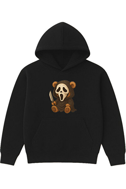 VSRN تصميم تيدي بير جوست مطبوع قصة فضفاضة سويت شيرت أسود بغطاء رأس