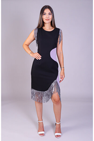 Ella Collection Rochie de seară neagră cu inserții mov și franjuri din paiete