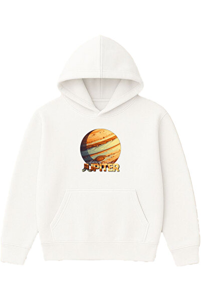 VSRN سويت شيرت جوبيتر ديزاين مطبوع قصة فضفاضة أبيض بغطاء رأس