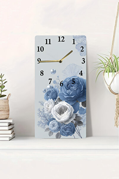 kutuTR 3D Looking 2D Uv Printing Mdf Table Clock – Blue and White Rose Pattern – 20X40 Cm-Dts237