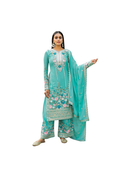 MYSMAR Blue Chinon Silk Top Bottom Dupatta - HRT4527 | Blue