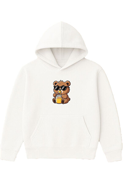 VSRN Hanorac alb supradimensionat cu glugă, cu imprimeu Honey-Eating Bear Design