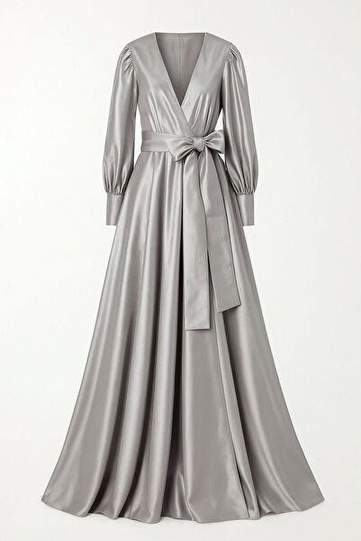 ALYEL NAKER Double-Breasted Closed & Balloon Sleeve Reflective Taffeta Maxi D...