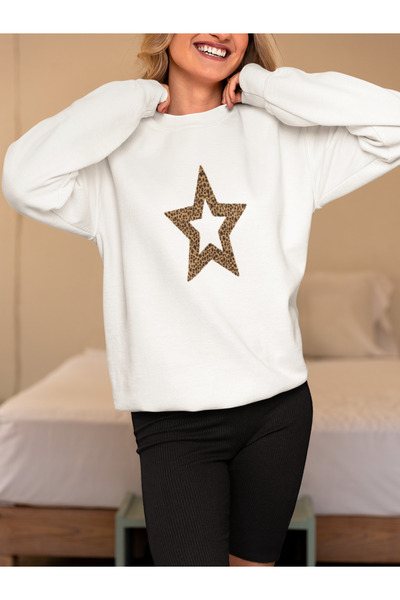 MG سترة رياضية من القطن بأكمام طويلة مطبوعة بنقشة النجمة والفهد مكونة من مبطن بالصوف خيوط من شا مبطن بالصوف أدين