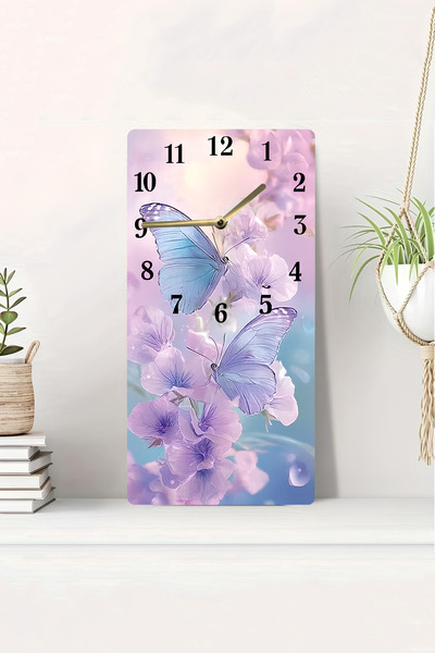 kutuTR ساعة طاولة MDF مطبوعة بالأشعة فوق البنفسجية ثنائية الأبعاد مع مظهر ثلاثي الأبعاد - نمط فراشة وزهرة ملونة - 20x40 سم-DTS220