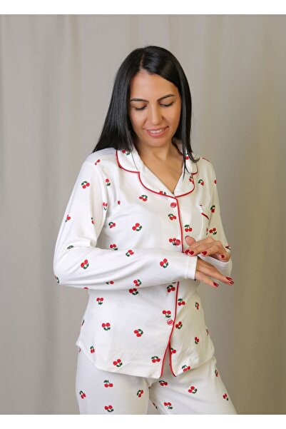 emsal özgür tekstil Red Cherry Patterned Cotton Piped Shirt Collar Yumuoş Whi...
