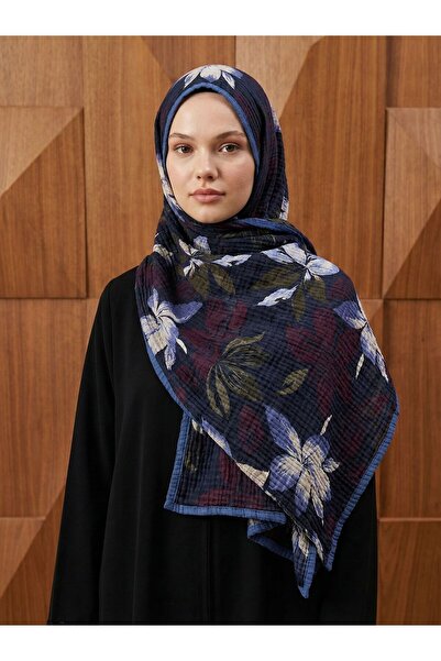 aldyoo شال موسلين بنمط ليليوم باللون الأزرق الداكن