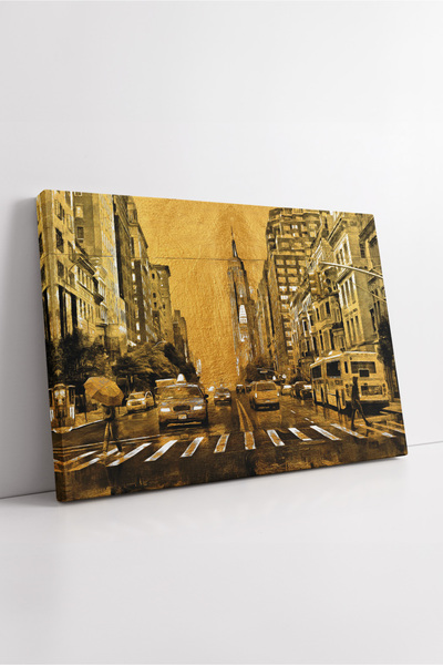 KOSS Dijital Peisajul orașului New York, ton auriu, stradă ploioasă, pictură ...