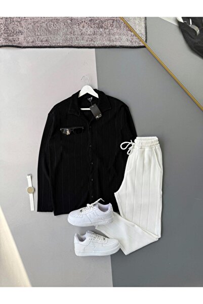 Baycombine35 طقم قميص عثماني أسود + بنطلون أبيض مكون من قطعتين