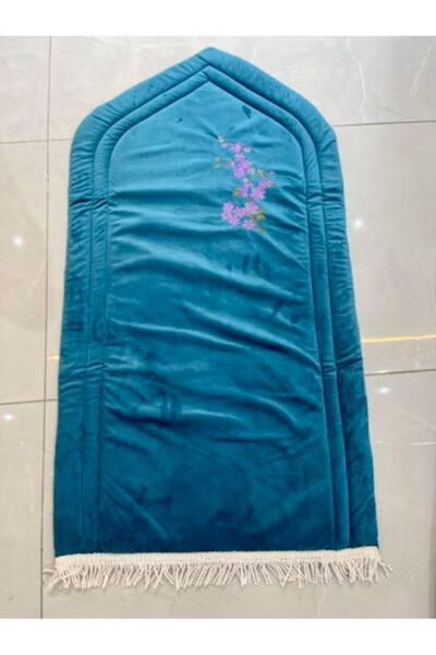 Generic Elegant Turquoise Padded Medical Prayer Mat for Women – Soft, Foldable with Floral Embroidery