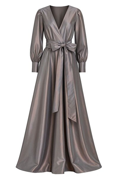 ALYEL NAKER Double-Breasted Closed & Balloon Sleeve Reflective Taffeta Maxi D...