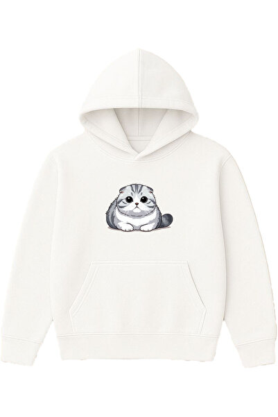 VSRN Φούτερ με στάμπα Sweet Cat Design, μεγάλου μεγέθους, λευκό με κουκούλα