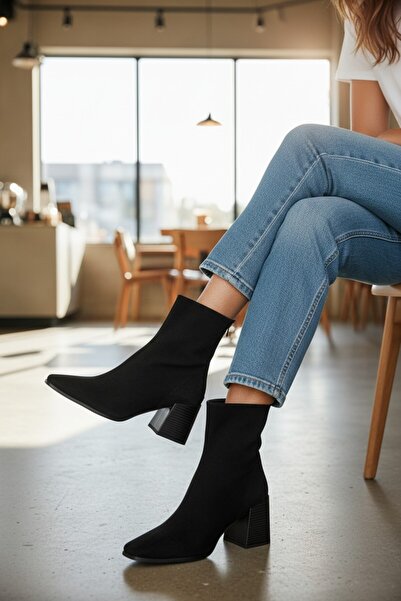 ASKA Siyah Süet Görünümlü Kadın Topuklu Bot