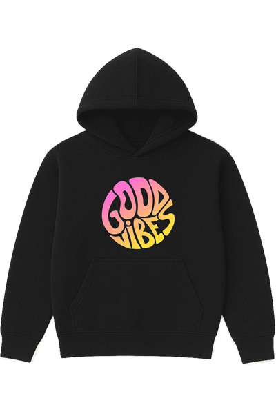 VSRN Hanorac negru supradimensionat cu glugă, cu imprimeu Good Vibe Design