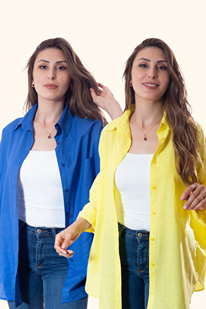 Justime Women's Oversized Cotton Linen Navy Blue - Yellow Shirt
